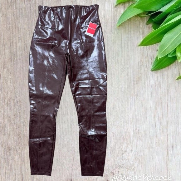 Spanx Leggings Ruby Women's Large Red Brown Faux Patent Leather High Rise Pants - Picture 2 of 9